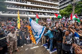 Hundreds of pro-Palestinian supporters gathered at the Israeli embassy in Bangkok, Thailand to protest the ongoing Israeli milit