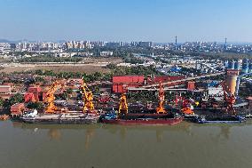 Cargo Ships Unload Coal in Nanjing