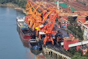Cargo Ships Unload Coal in Nanjing