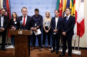 Israeli Foreign Affairs Minister And Families Of  Israeli Hostages UN Press Conference