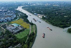 Ships Carrying Goods at Beijing-Hangzhou Grand Canal in Jiaxing