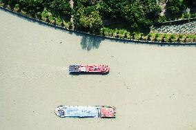 Ships Carrying Goods at Beijing-Hangzhou Grand Canal in Jiaxing