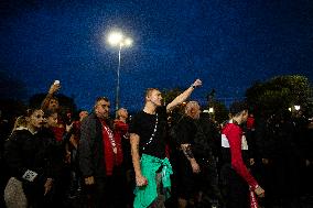 Football Fans Block Eagles Bridge In Sofia.