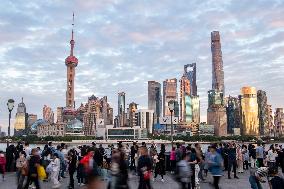 Tourists Flock to The Bund in Shanghai