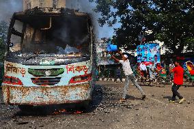 Fire At Bus In Dhaka