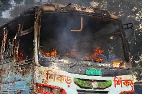 Fire At Bus In Dhaka