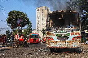 Fire At Bus In Dhaka