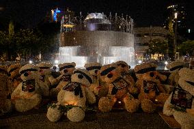 Blindfolded Teddy Bears Display To Represent Hamas' Child Hostages - Tel Aviv