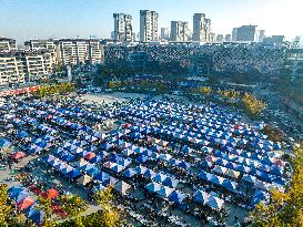 Rows of Umbrellas and Stalls at A Market in Lianyungang