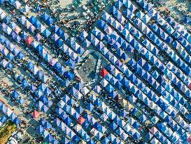 Rows of Umbrellas and Stalls at A Market in Lianyungang