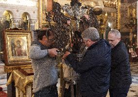 Blessing of Great Coat of Arms of Ukraine sculpture in Kyiv