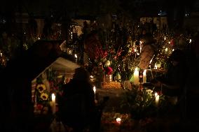 Vigil On The Day Of The Dead At The Pantheon Of San Gregorio Atlapulco