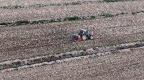 A Farm Machine Sows Wheat in A Field in Lianyungang