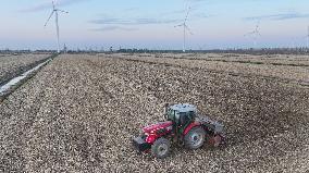 A Farm Machine Sows Wheat in A Field in Lianyungang