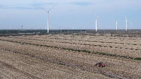 A Farm Machine Sows Wheat in A Field in Lianyungang