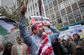 Iran-Burning U.S. And Israeli Flags And Effigy In Anniversary Rally