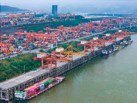 Cargo Ships Pass Through At Guoyuan Port in Chongqing