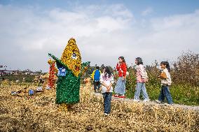 Tourists Admire Rice Straw Exhibits in Bijie