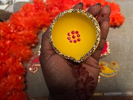 Decorating Clay Diwali Diyas In Preparation For The Diwali Festival