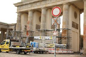 After The Last Generation Paint Attack, Scaffolding Is Erected At The Brandenburg Gate For