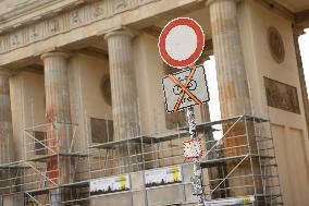 After The Last Generation Paint Attack, Scaffolding Is Erected At The Brandenburg Gate For