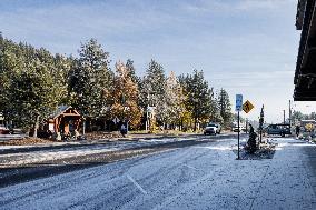 Frost Forms On Roads And Snow Dusts Mountains Around Truckee, Calif