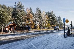 Frost Forms On Roads And Snow Dusts Mountains Around Truckee, Calif