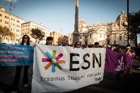 Erasmus Students Demonstrate In Rome, Italy