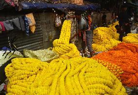 Flower Market During Kali Puja And Diwali Festival In Kolkata, India