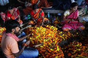 Flower Market During Kali Puja And Diwali Festival In Kolkata, India
