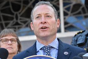 US Congressman Josh Gottheimer Holds Press Conference On Rise In Antisemitism In New Jersey