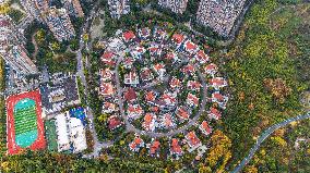 Colorful Autumn Colors Surround A Residential Area in Guiyang