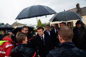President Macron Visit To Pas-De-Calais After Torrential Rains