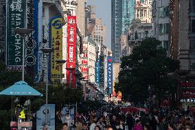 Tourists Flock To The Nanjing Road Pedestrian Street in Shanghai