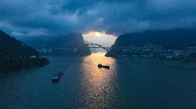 Ships Sail in the Three Gorges of the Yangtze River in Yichang