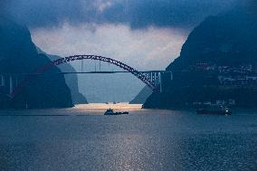 Ships Sail in the Three Gorges of the Yangtze River in Yichang