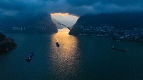 Ships Sail in the Three Gorges of the Yangtze River in Yichang