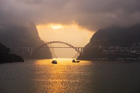 Ships Sail in the Three Gorges of the Yangtze River in Yichang