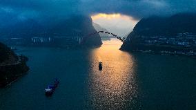 Ships Sail in the Three Gorges of the Yangtze River in Yichang