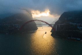 Ships Sail in the Three Gorges of the Yangtze River in Yichang