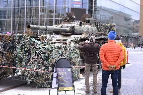 Russian T-72B3 tank destroyed by Ukrainian armed forces on display in Helsinki