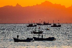 Fishing Boats Sailing at Sunset in Qingdao