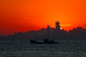 Fishing Boats Sailing at Sunset in Qingdao