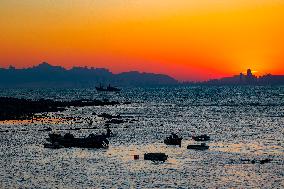 Fishing Boats Sailing at Sunset in Qingdao