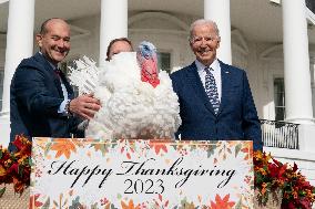 President Joe Biden participates in a ceremony pardoning of the National Thanksgiving Turkey