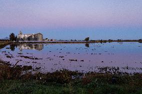 Sun Rises Over Flooded California Rice Fields.