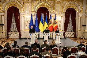 Ukraine's President Volodymyr Zelenskiy, Moldova's President Maia Sandu And President Of The European Council Charles Michel Att