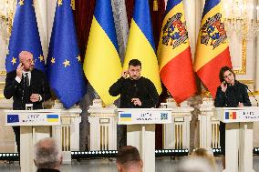 Ukraine's President Volodymyr Zelenskiy, Moldova's President Maia Sandu And President Of The European Council Charles Michel Att