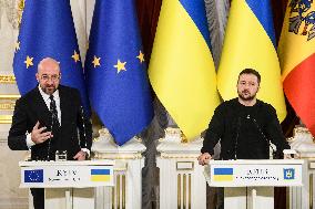 Ukraine's President Volodymyr Zelenskiy, Moldova's President Maia Sandu And President Of The European Council Charles Michel Att
