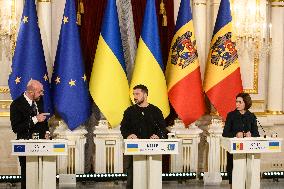 Ukraine's President Volodymyr Zelenskiy, Moldova's President Maia Sandu And President Of The European Council Charles Michel Att